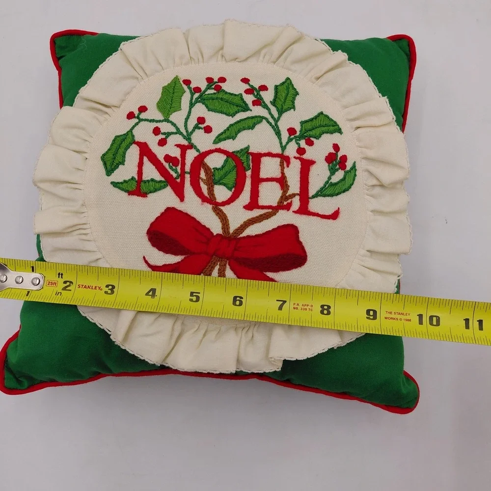 Cross Stitched Christmas Throw Pillow Noel Holly 9.5